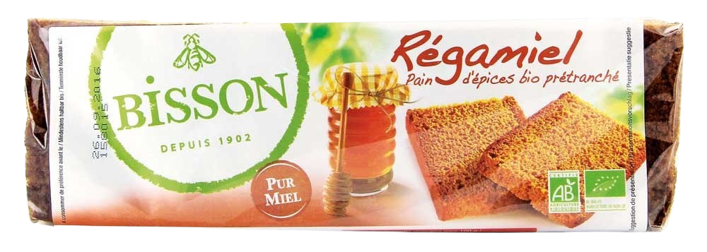 Bisson Regamiel honing-kruidkoek, pre-sliced organic ginger-spiced cake, 300 grams, with visible slices and textured surface.