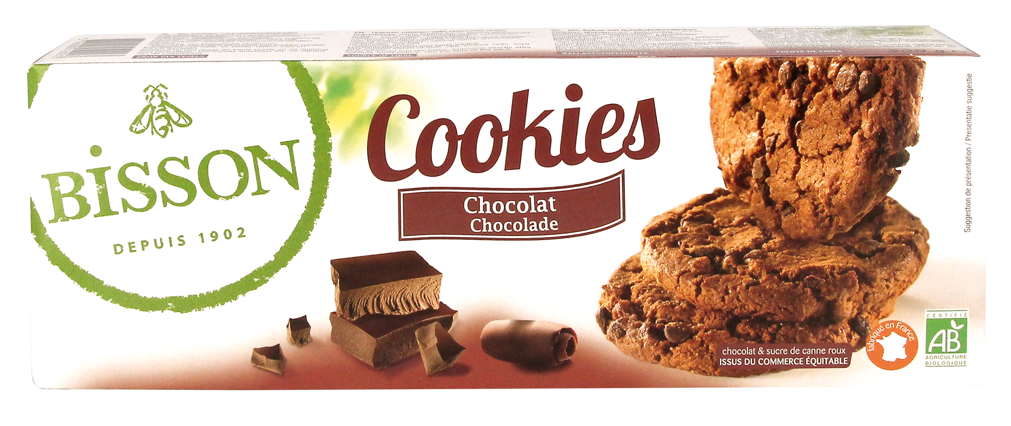 Bisson bio chocolade koekjes met stukjes pure chocolade, 200 gram, close-up of crunchy cookies with chocolate chunks