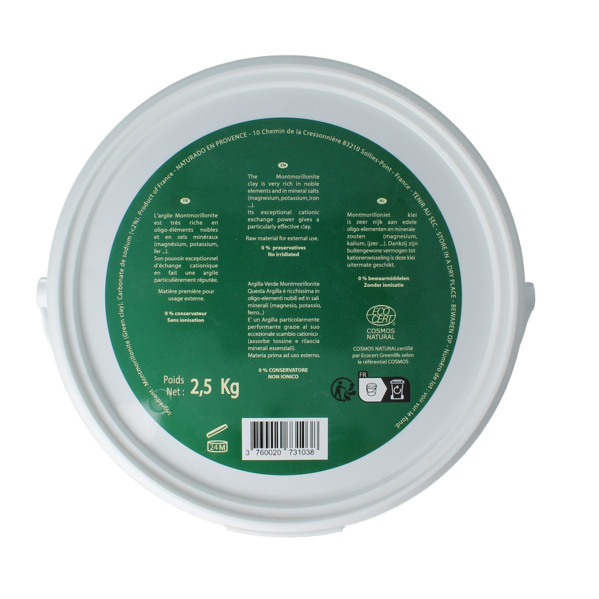 Naturado groene klei montmorillon emmer 2.5 kg, natuurlijke lichaamsverzorging met klei voor huidverzorging en detox.