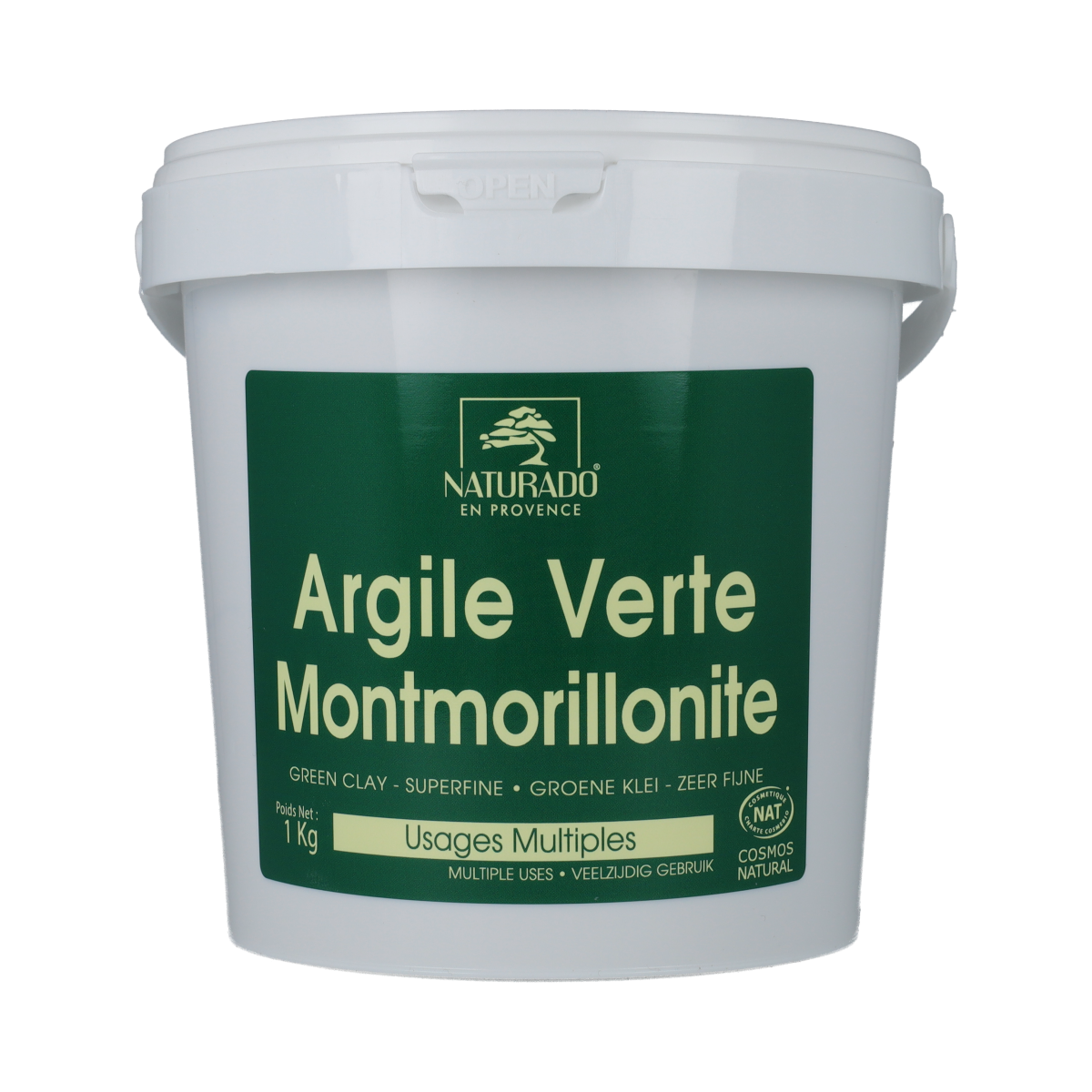 Naturado groene klei montmorillon in emmer, 1 kg, voor lichaamsverzorging, natuurlijke klei met groene tint in grote container