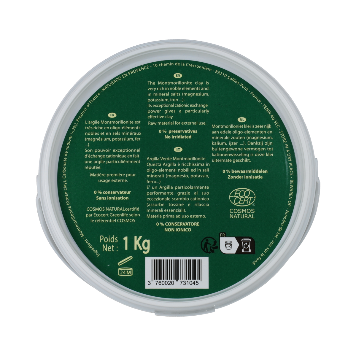 Naturado groene klei montmorillon in emmer, 1 kg, voor lichaamsverzorging, natural clay for skincare in a large container.