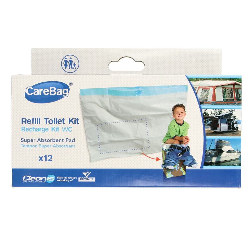 CareBag Meeneemtoilet navulzak set of 12 reusable travel accessories for toiletry organization and convenience.