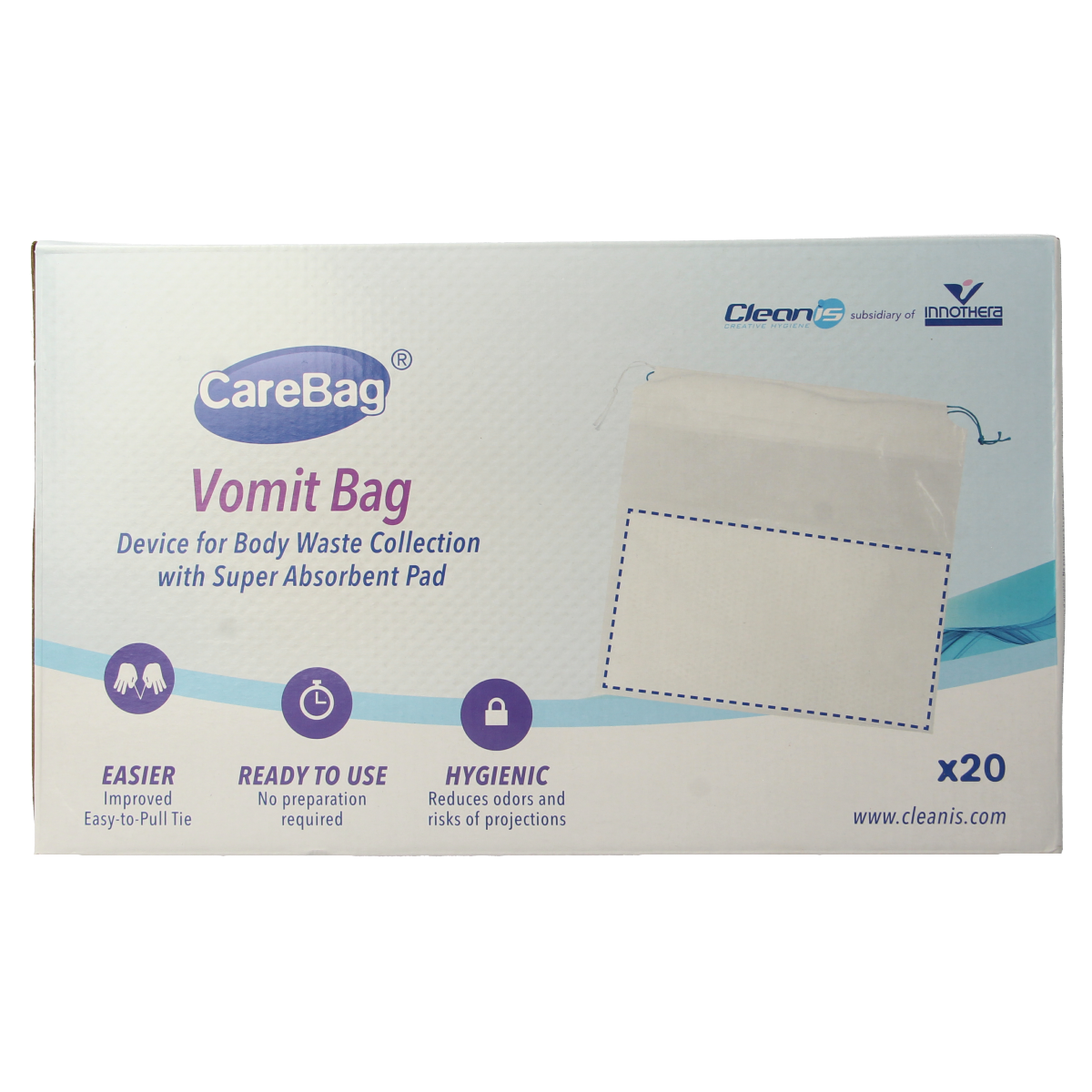 CareBag travel accessory braakzak with odor absorber, pack of 20, designed for discreet disposal during travel.