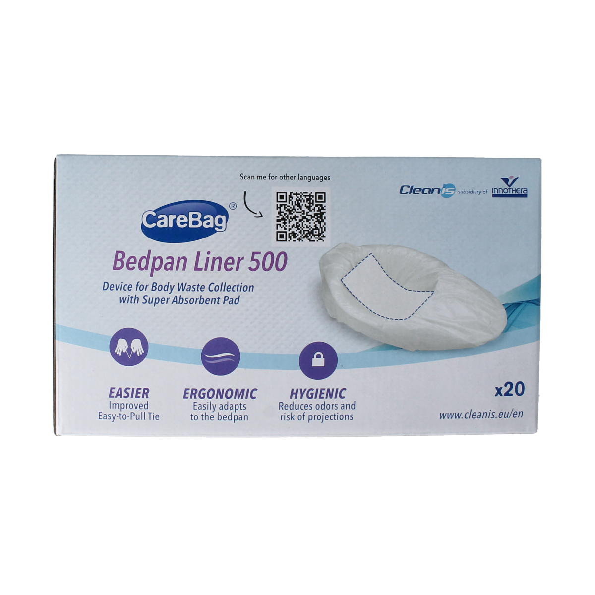 CareBag Ondersteekzak 500 in bathroom and toilet setting, showing packaging for 20 disposable support bags.