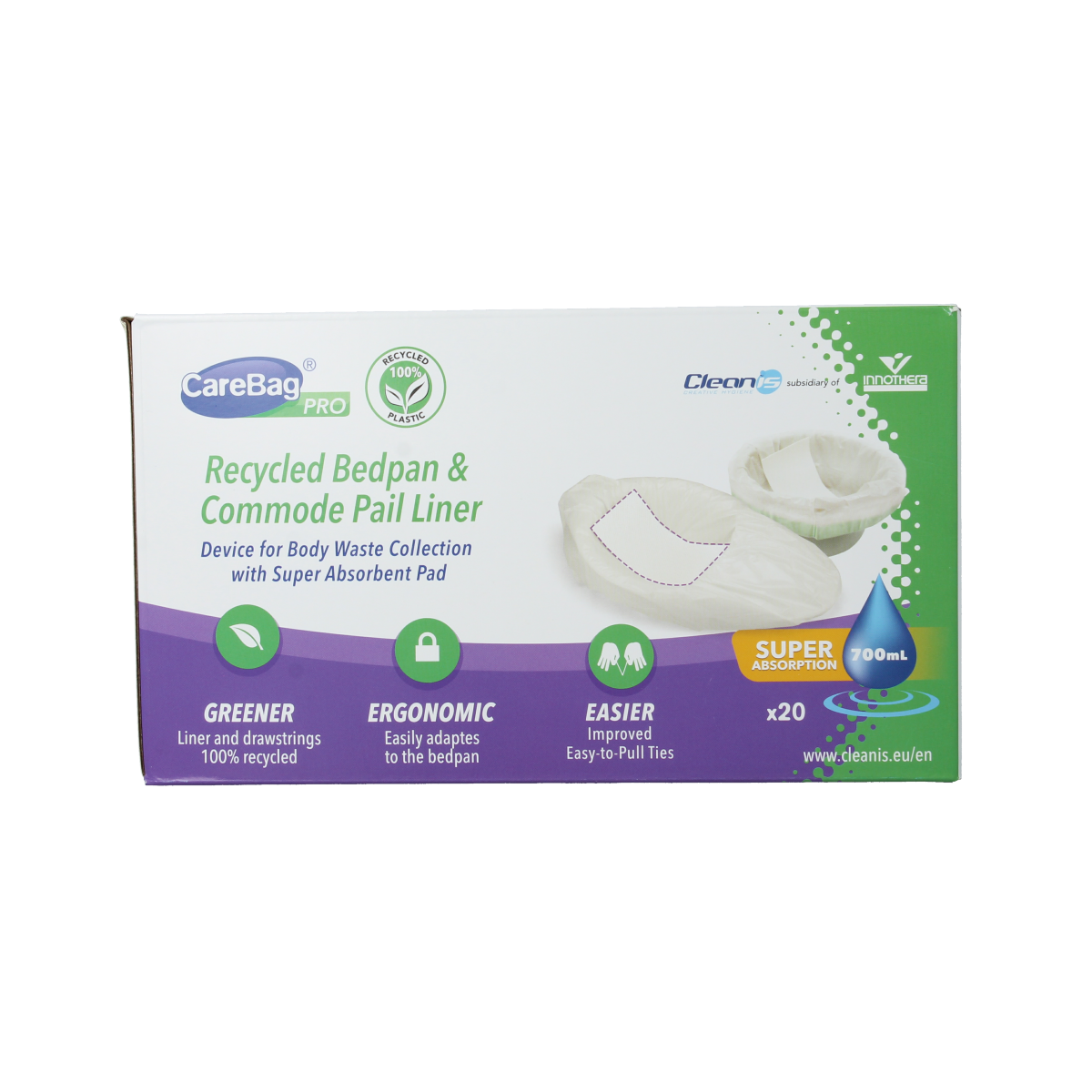 CareBag Pro bedpan and commode liners, 700ml capacity, set of 20, designed for medical and caregiving use