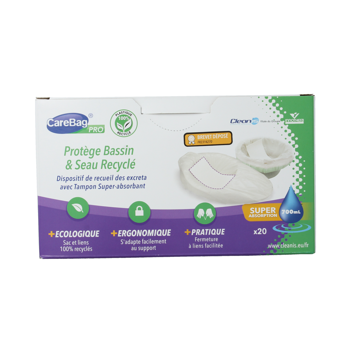 CareBag Pro bedpan and commode liners, 700ml capacity, set of 20, for medical assistance and hygiene use.