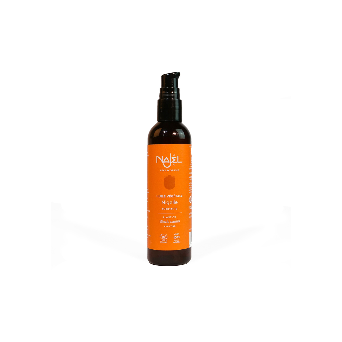 Najel Aleppo Black Cumin Oil in 125ml bottle, natural body care product, transparent bottle with black cumin seeds visible inside