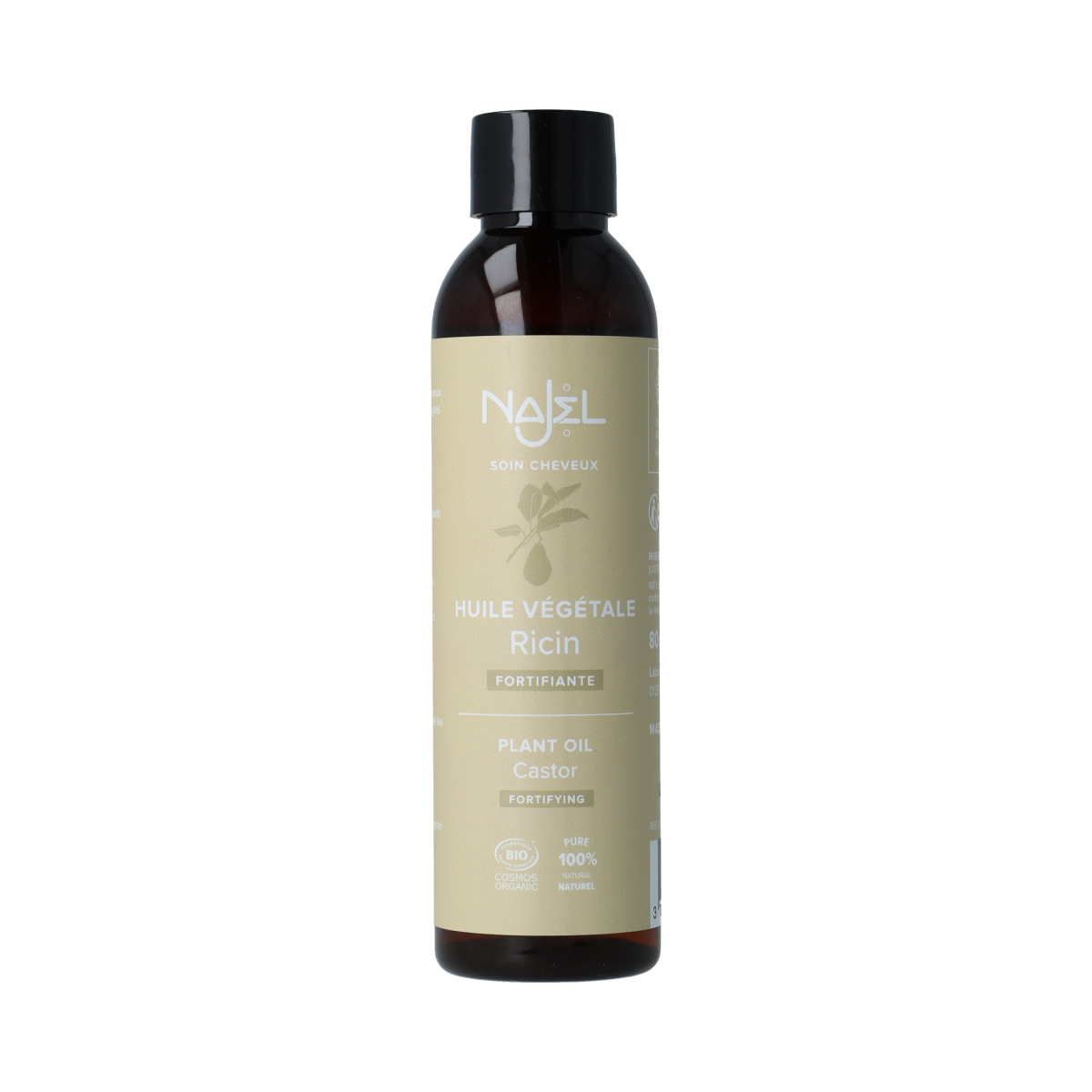 Najel Aleppo Ricinusolie 80ml in a clear bottle, used for body care, with a natural oil appearance and label visible.