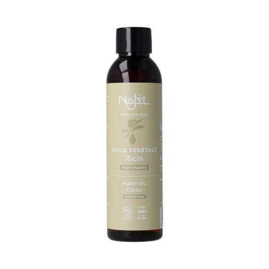 Najel Aleppo Ricinusolie 80ml in a clear bottle, used for body care, with a natural oil appearance and label visible.