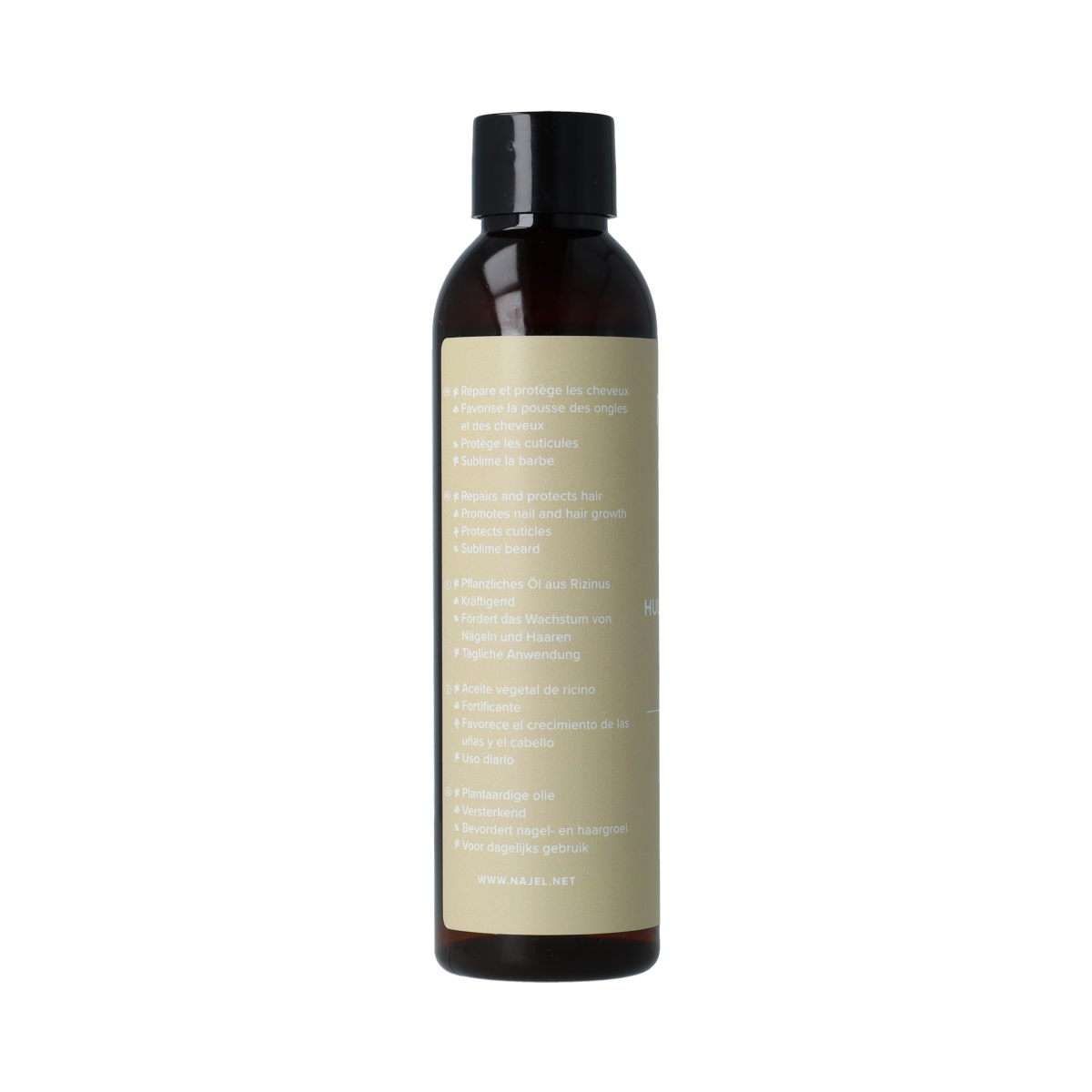 Najel Aleppo Ricinusolie 80ml in a clear bottle, used for body care, with a natural oil appearance and label on the packaging.