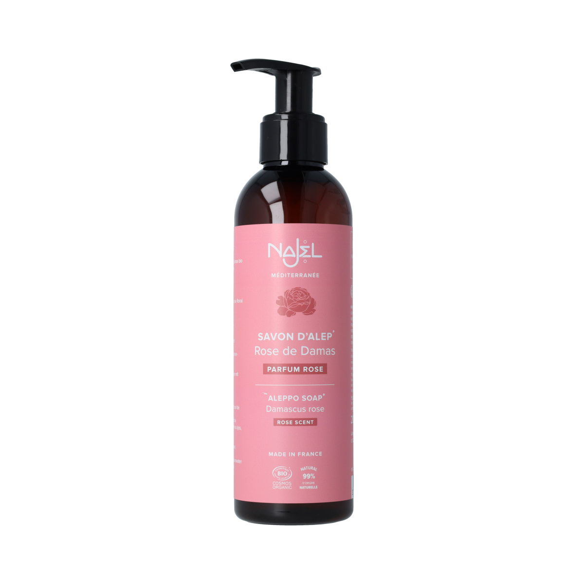 Najel Aleppo liquid Damascus soap in a 200ml pump bottle, featuring traditional natural Zeep with olive and laurel ingredients.