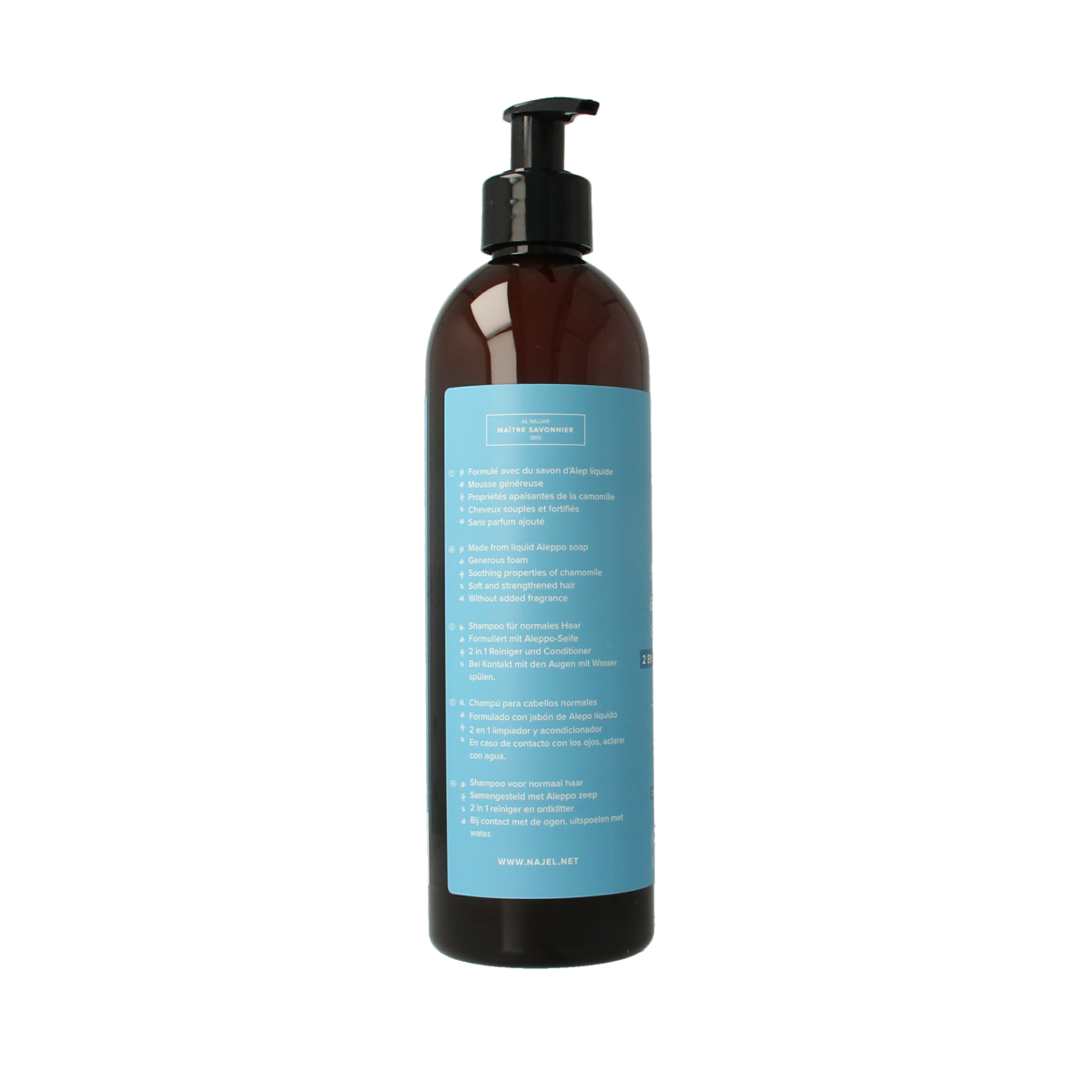 Najel Aleppo shampoo for normal hair, 500ml bottle, natural hair care product with traditional Aleppo soap ingredients.