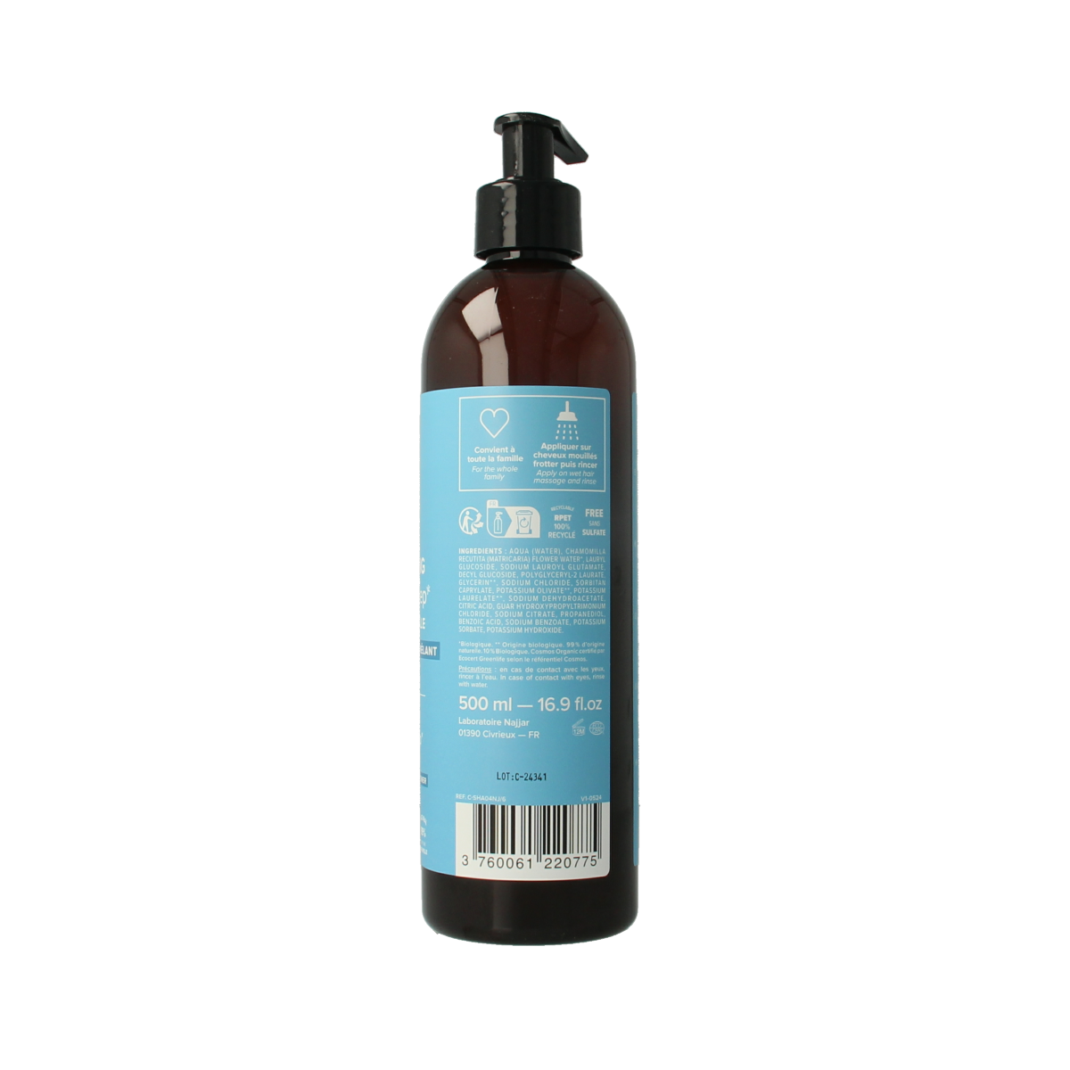 Najel Aleppo shampoo for normal hair in a 500ml bottle, natural hair care product with traditional Aleppo ingredients.