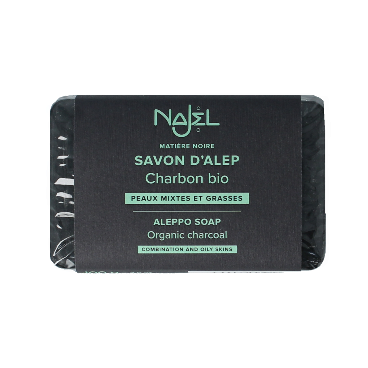 Najel Aleppo olive soap with charcoal, 100g, natural soap bar featuring olive oil and activated charcoal for cleansing.