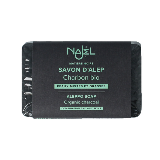 Najel Aleppo olive soap with charcoal, 100g, natural soap bar featuring olive oil and activated charcoal for cleansing.