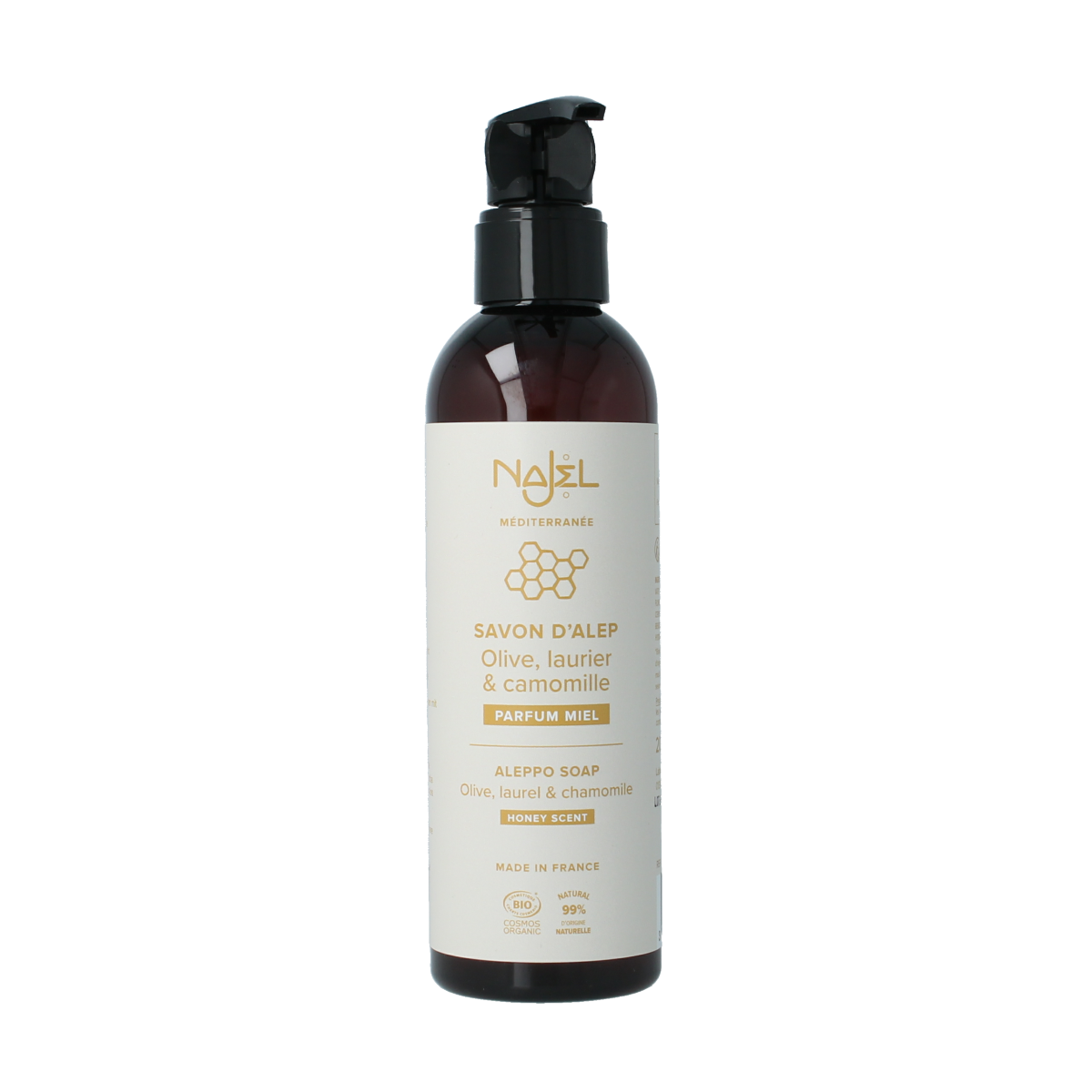 Najel Aleppo liquid chamomile soap in a 200ml pump bottle, natural Zeep with soothing chamomile for gentle cleansing.