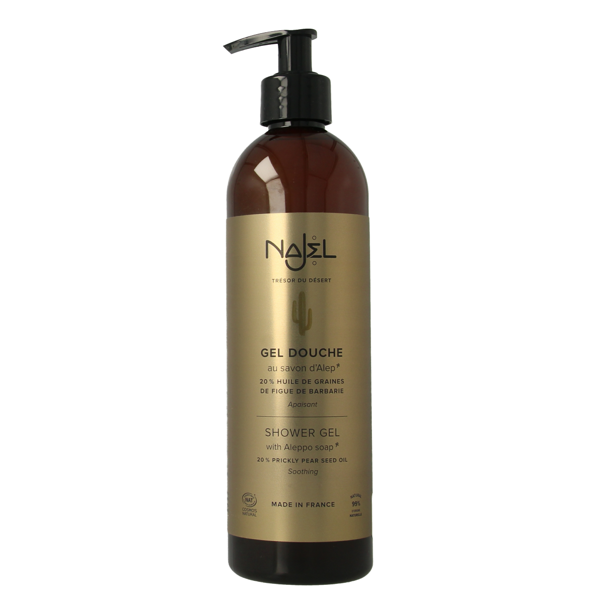 Najel prickly pear shower gel 500ml, natural bad en douche with a clear bottle and green label, ready for use.