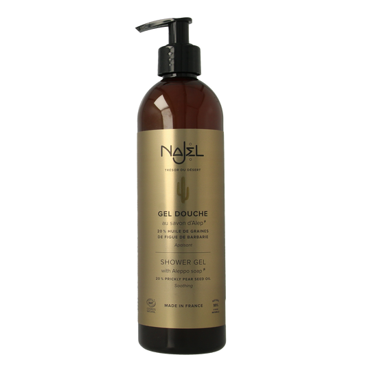 Najel prickly pear shower gel 500ml, natural bad en douche with a clear bottle and green label, ready for use.