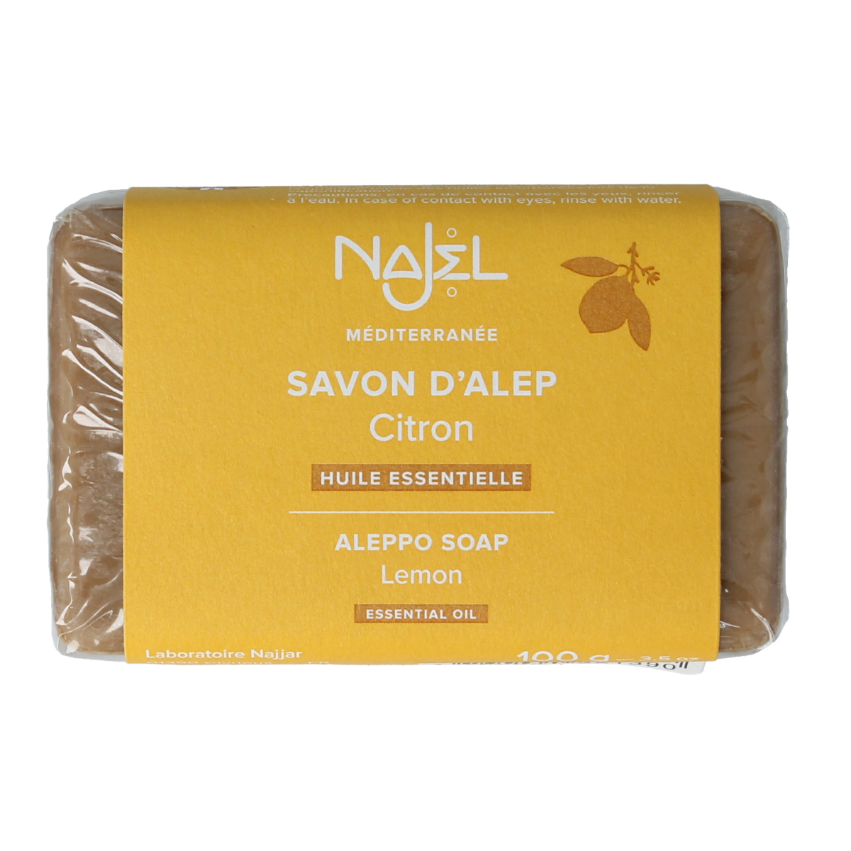 Najel Aleppo olive and lemon-lime soap bar, 100g, with natural textured surface and packaging featuring citrus illustrations.