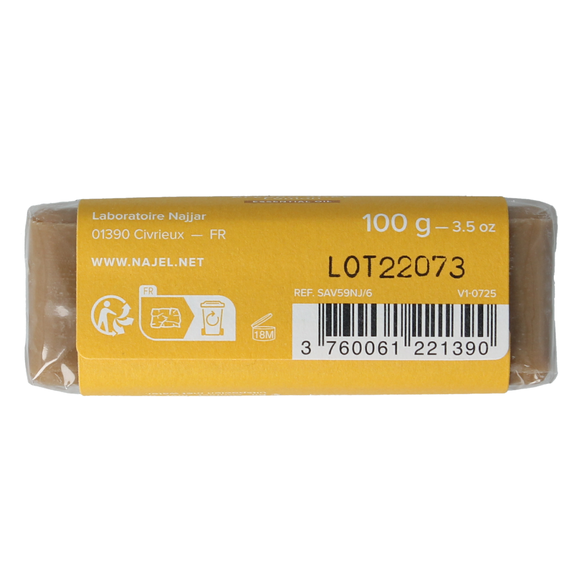Najel Aleppo olive and lemon soap bar, 100g, natural traditional soap with citrus scent and olive oil for gentle cleansing.