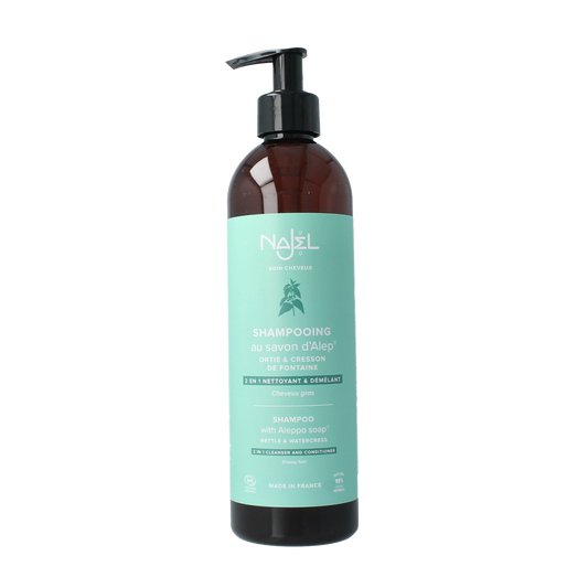 Najel Aleppo shampoo bottle for hair care, 500ml, natural Aleppo soap-based shampoo, gentle and nourishing for healthy hair.