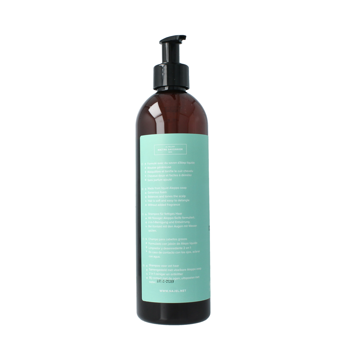 Najel Aleppo shampoo bottle for hair care, 500ml, natural Aleppo soap-based shampoo with traditional ingredients.