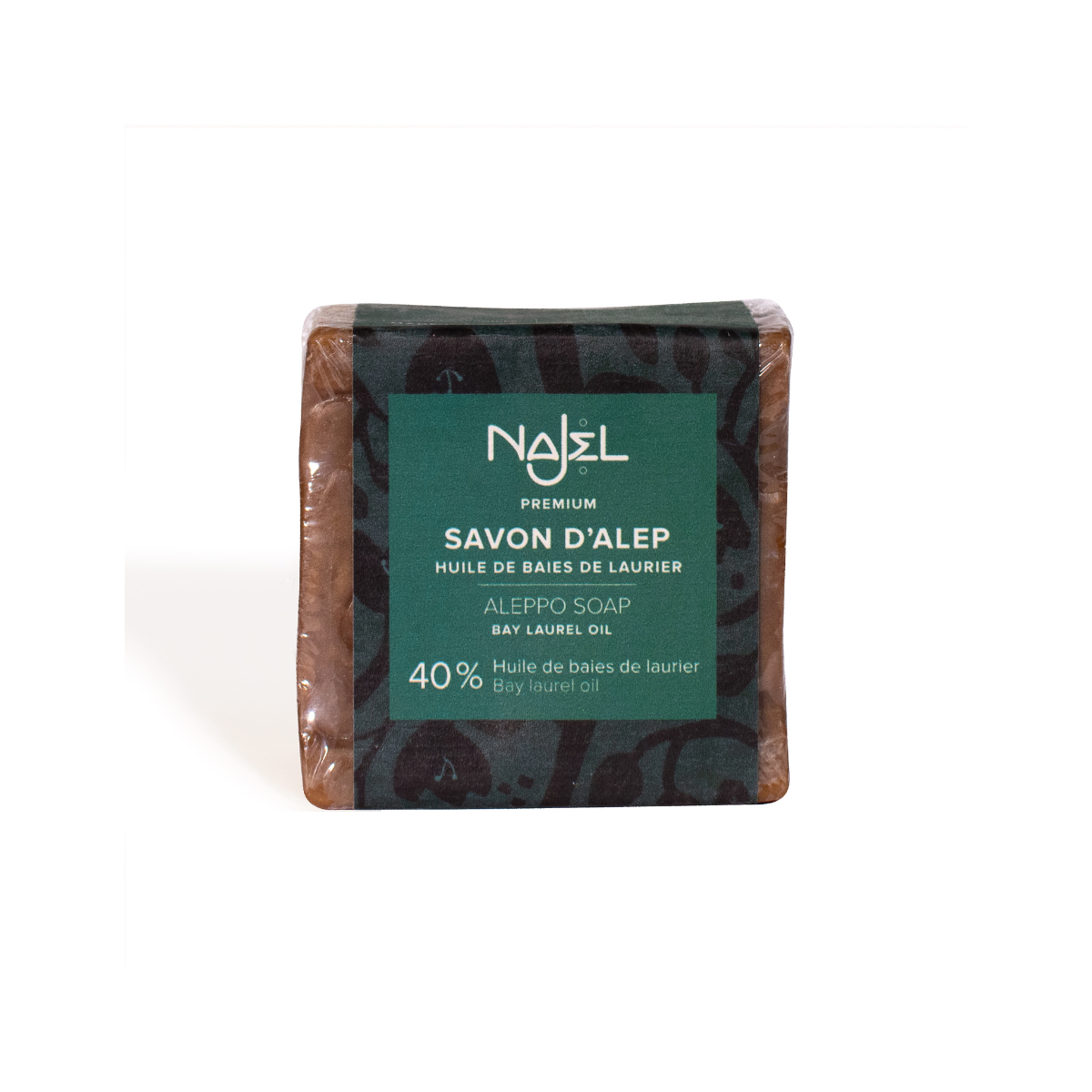 Najel Aleppo Zeep with 40% laurel oil, natural soap bar in 185g package, traditional Aleppo soap for skincare.