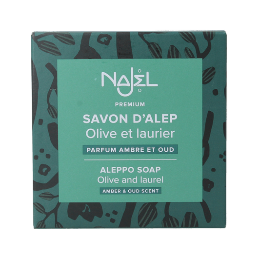 Najel Aleppo amber oud aroma zeep hanging on a cord, 150g, natural soap with traditional Aleppo ingredients and distinctive fragrance.