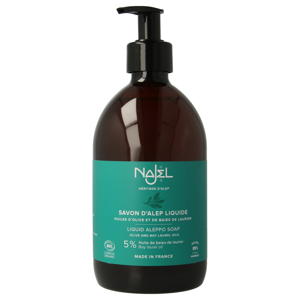 Najel Aleppo liquid soap in a 500ml pump bottle, natural Aleppo soap with traditional ingredients and packaging.