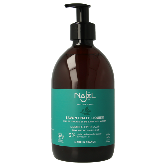 Najel Aleppo liquid soap in a 500ml pump bottle, natural Aleppo soap with traditional ingredients and packaging.