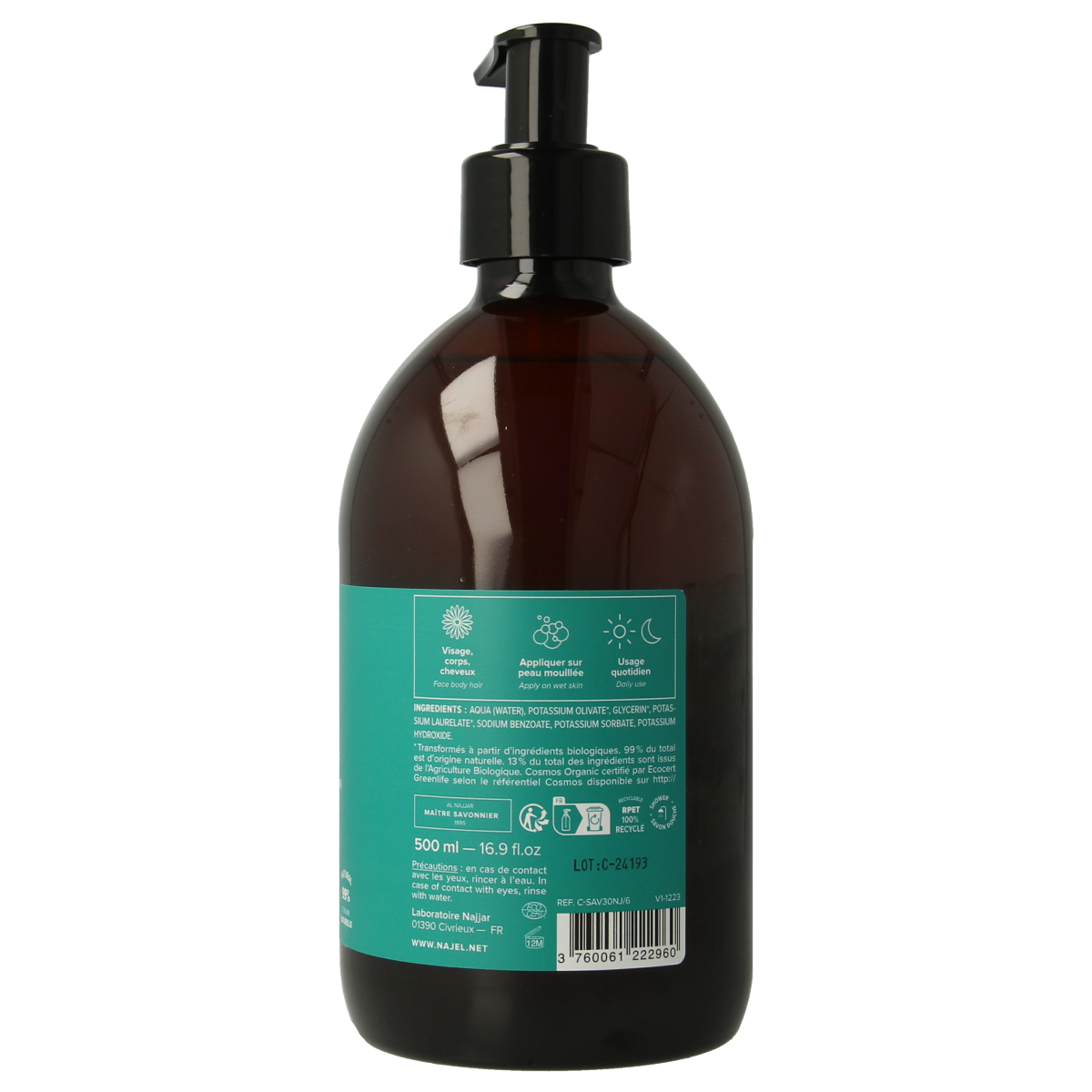 Najel Aleppo liquid soap in a 500ml pump bottle, natural soap with traditional Aleppo ingredients and gentle cleansing properties.