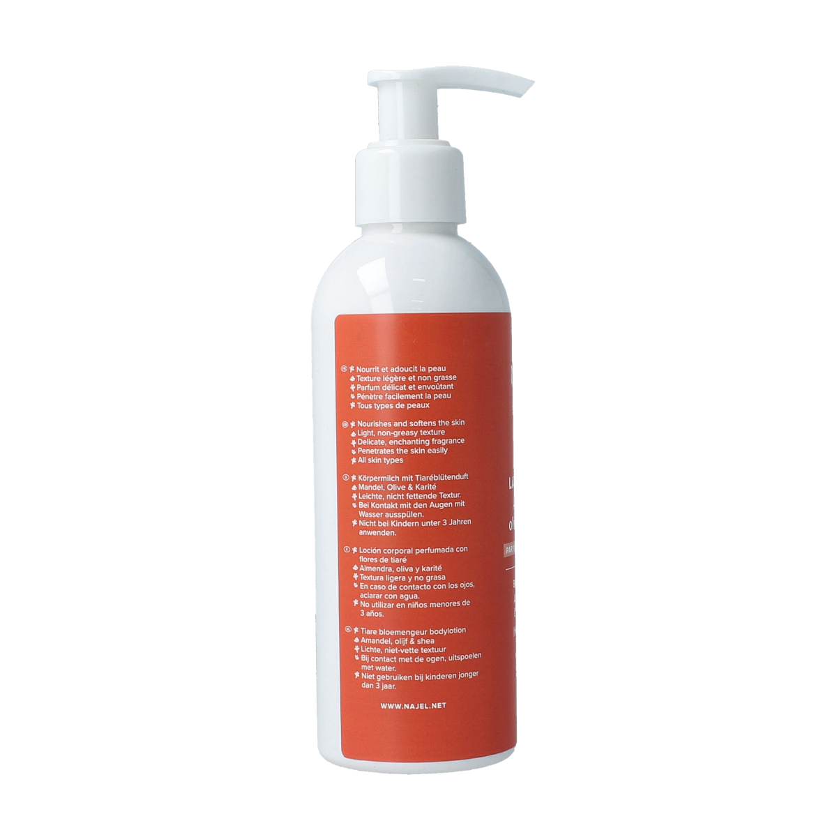 Najel Aleppo Tiare Flower Bodymilk 200ml, moisturizing body lotion for smooth, nourished skin in natural floral scent.