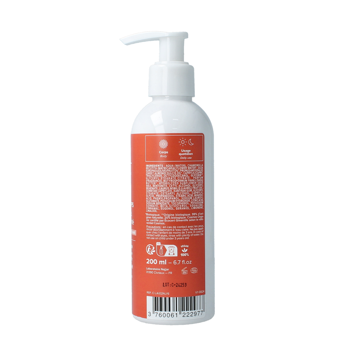 Najel Aleppo Tiare Flower Bodymilk 200ml, moisturizing body lotion with floral scent, in a white pump bottle.