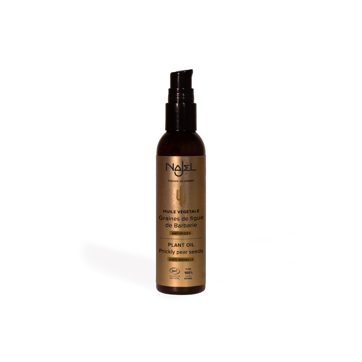 Najel Aleppo Cactus Seed Oil 80ml, natural body care product with green cactus seeds in a clear bottle.