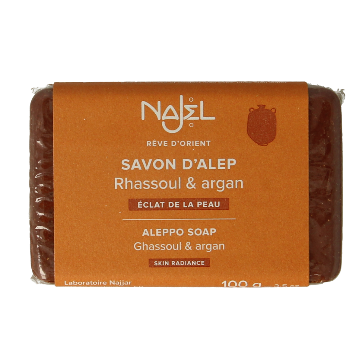 Najel Aleppo soap with argan oil and lava earth, 100g, natural soap bar with textured surface and traditional ingredients.