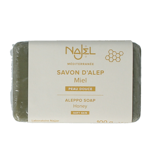 Najel Aleppo natural soap with honey, 100 grams, showcasing the traditional Aleppo zeep in a clear, close-up view