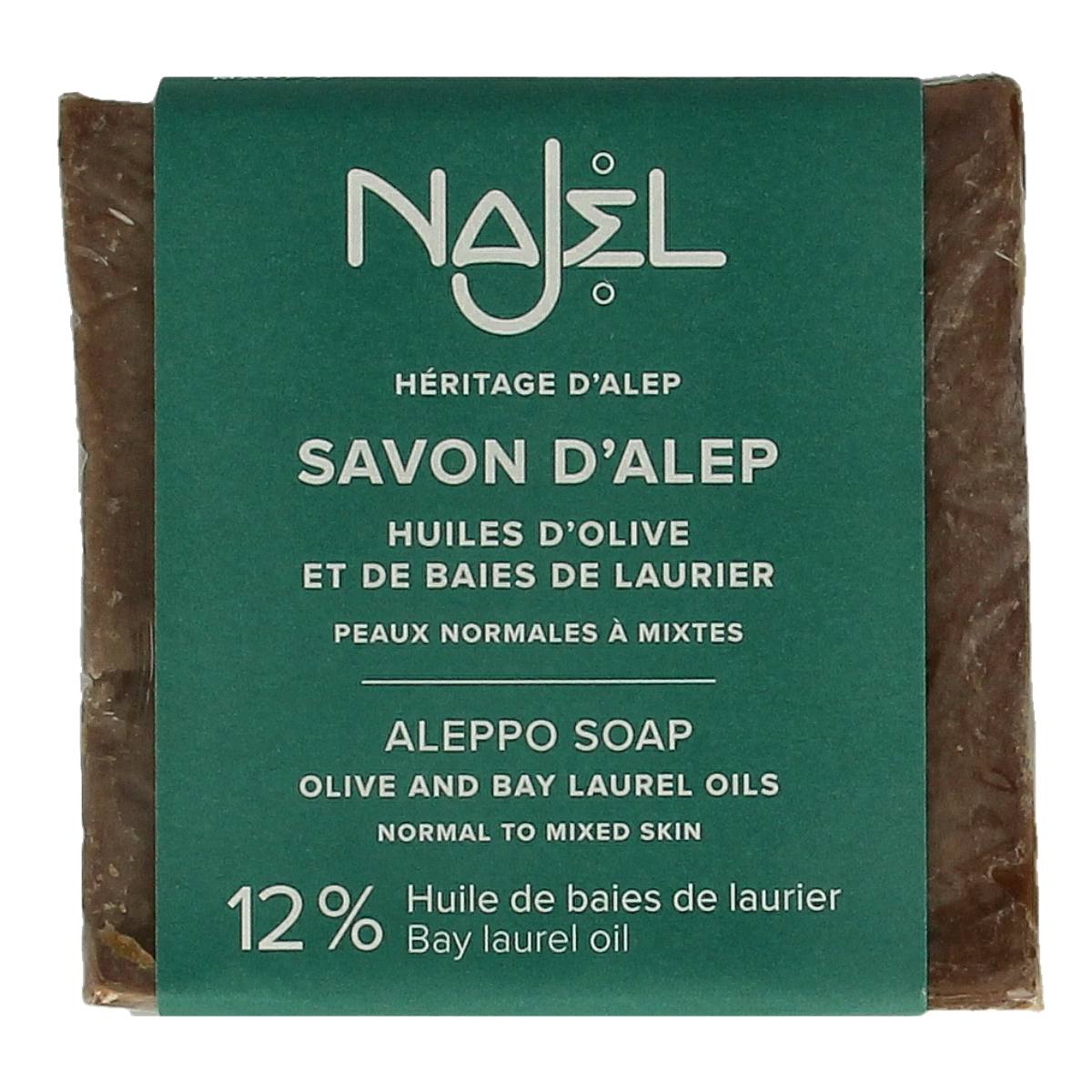 Najel Aleppo olive oil soap with 12% olive oil, 200g, natural traditional soap bar with a rustic appearance.