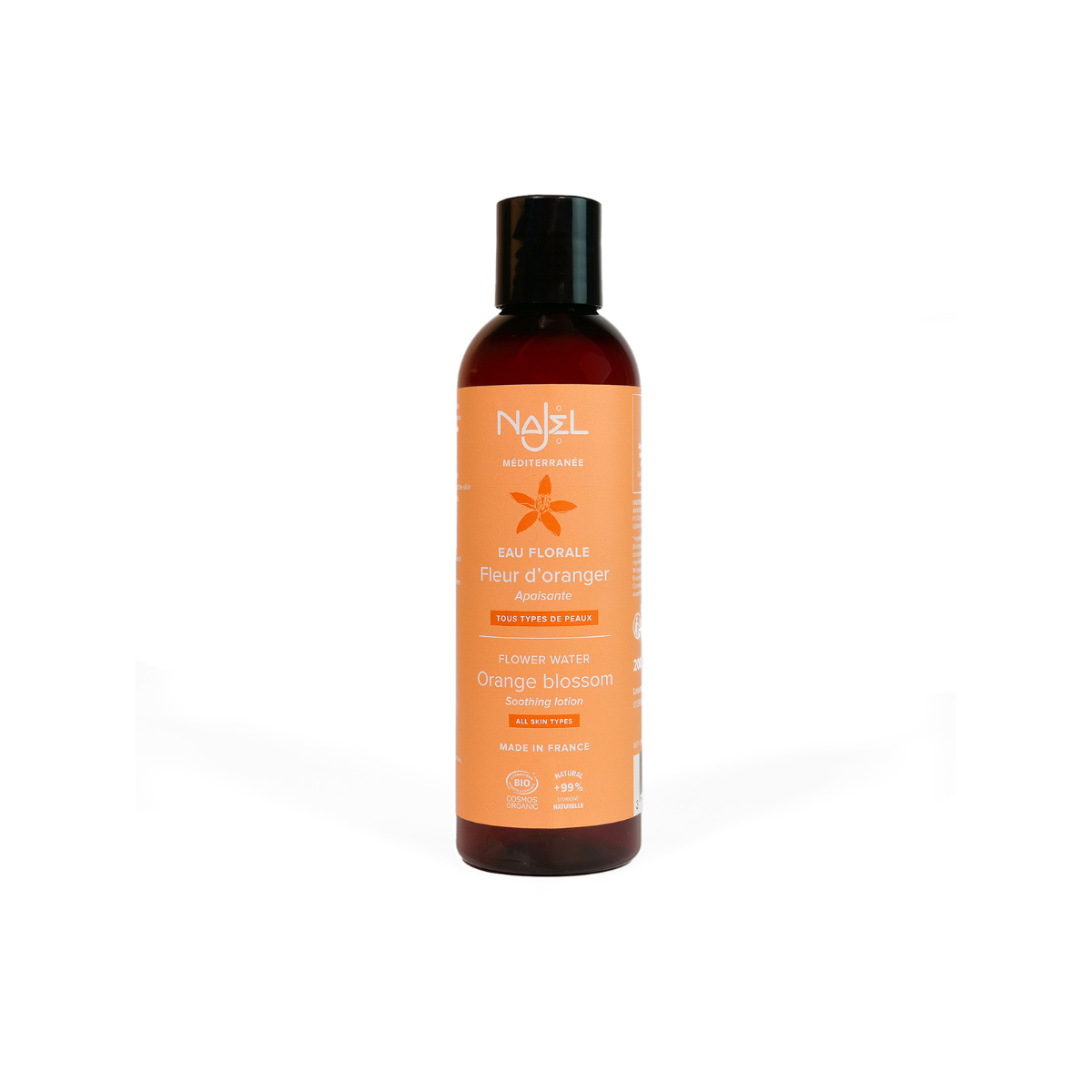 Najel Aleppo Fleur d'Oranger facial skincare bottle, 200ml, with elegant packaging and orange blossom scent.