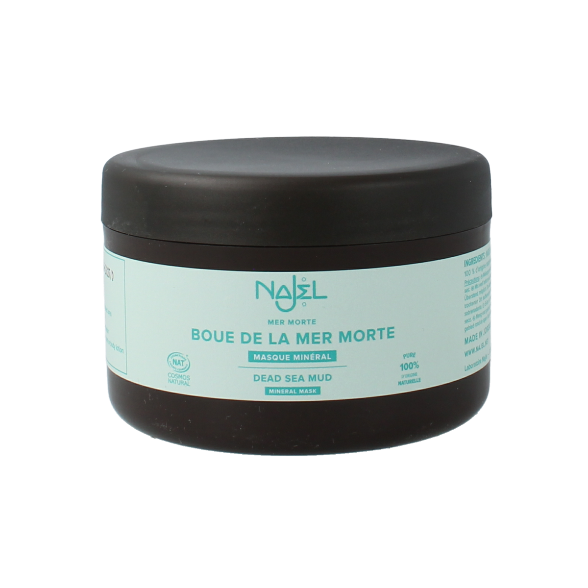 Najel Aleppo geurkaard masker met Dode Zee klei, 300g, voor gezichtsverzorging, zichtbaar in een open maskerpot.