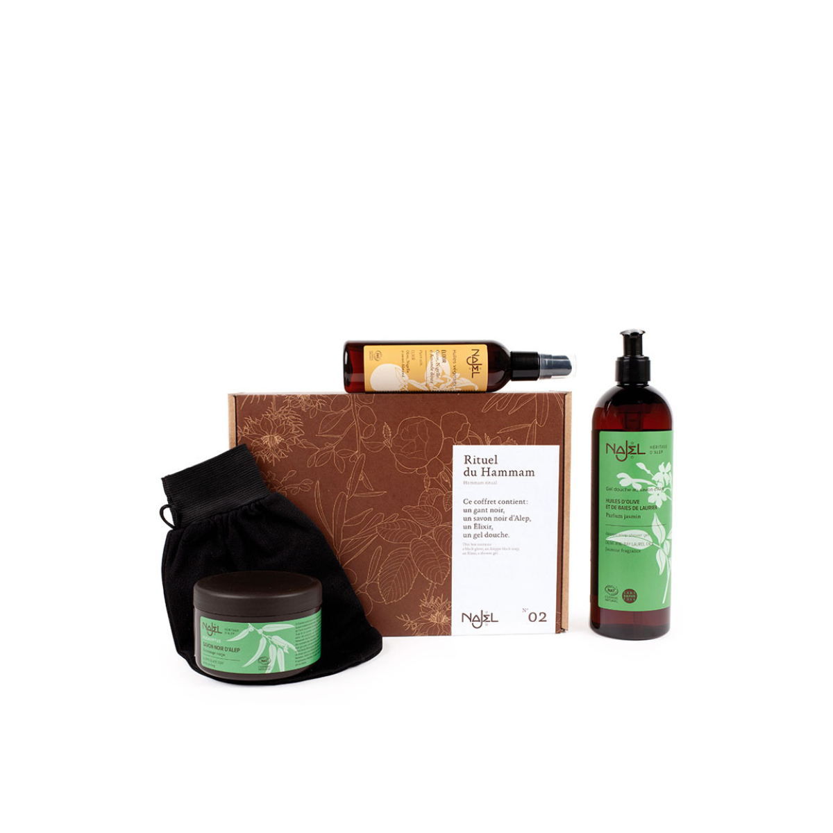 Najel Aleppo gift set with bath and skincare products for hammam ritual, including soap and body care essentials.