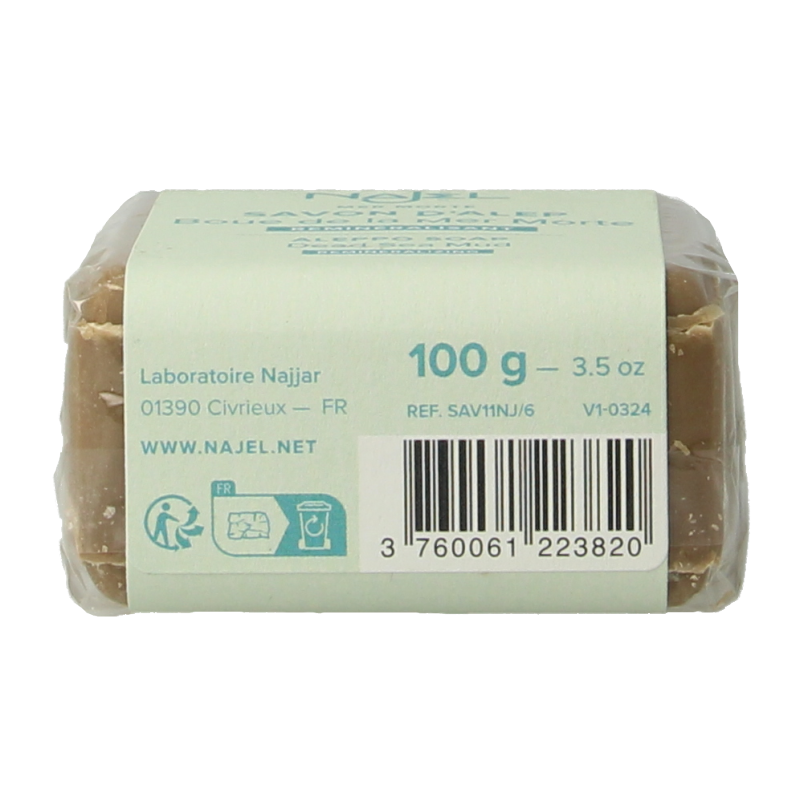 Najel Aleppo Zeep scrub with sea clay, 100g, natural soap bar featuring exfoliating and cleansing properties.