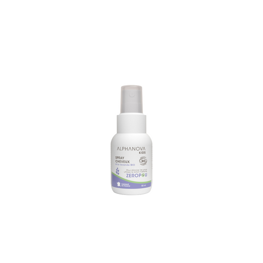 Alphanova Kids bio anti-head lice and nits spray bottle, 50ml, natural haircare product for children with head lice prevention.