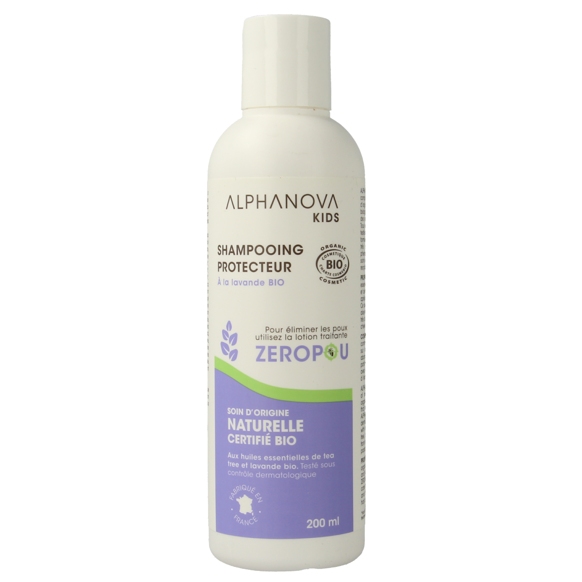 Alphanova Kids bio anti-head lice & nits shampoo bottle, 200ml, natural hair care for children with lice prevention.