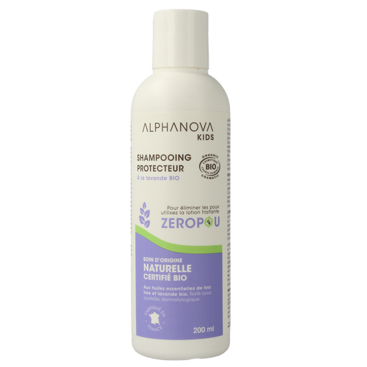 Alphanova Kids bio anti-head lice & nits shampoo bottle, 200ml, natural hair care for children with lice prevention.