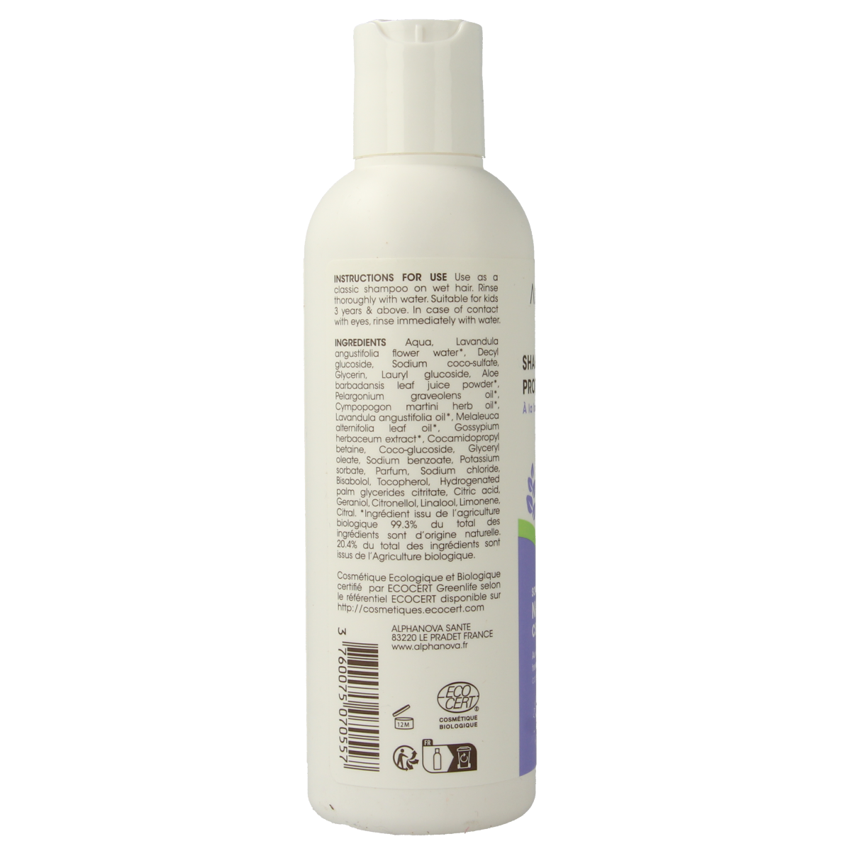 Alphanova Kids bio anti-head lice shampoo bottle, 200ml, for kids, natural hair care treatment for lice and nits.
