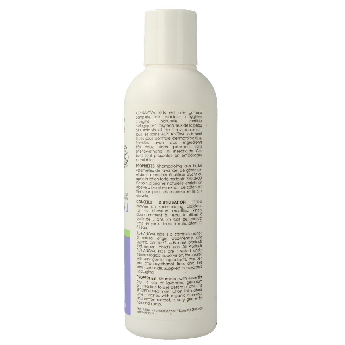 Alphanova Kids bio anti-head lice shampoo bottle, 200ml, natural hair care product for children with lice and nits.
