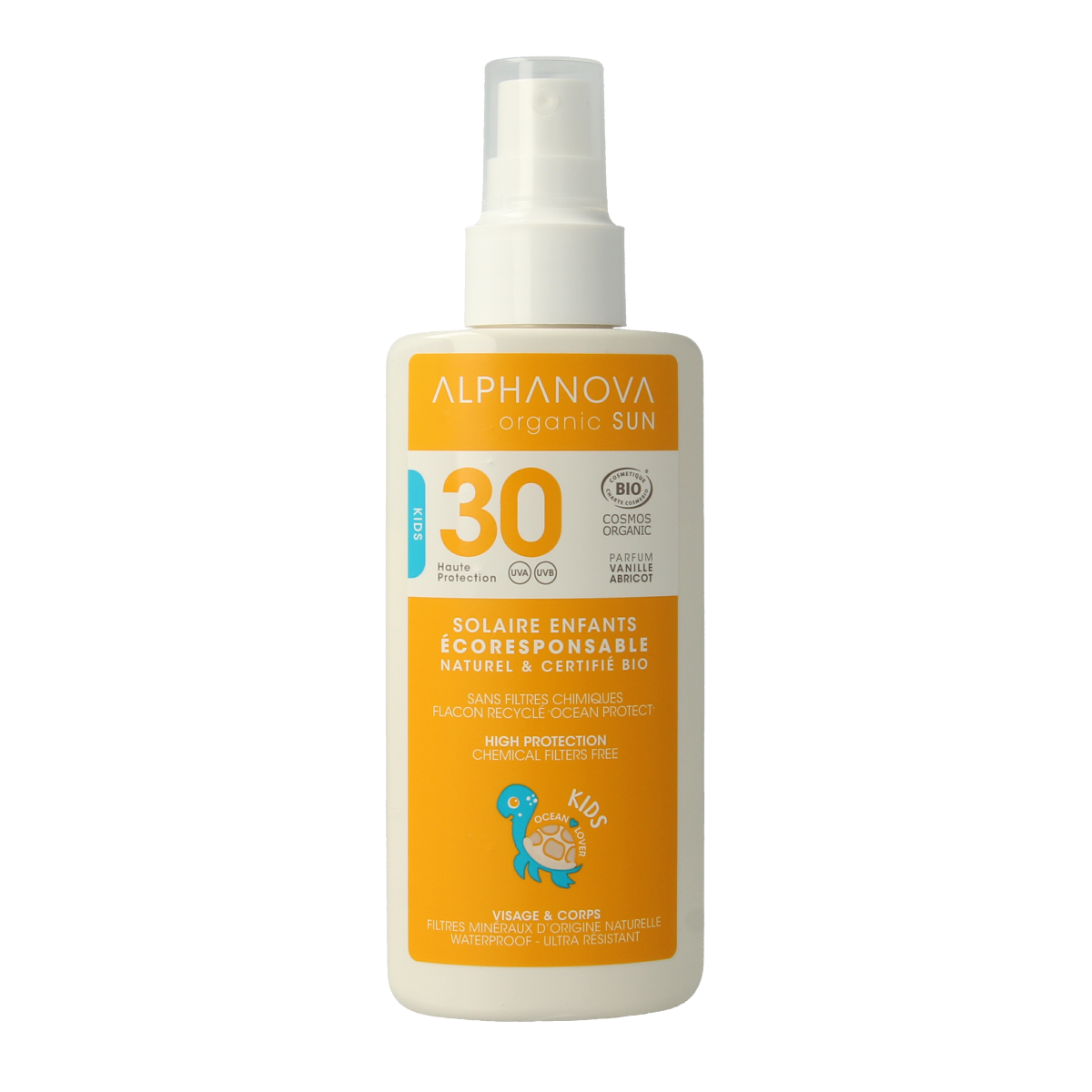 Alphanova Sun bio kids SPF30 vegan sun spray in 125ml bottle, featuring child-friendly packaging and sun protection ingredients.