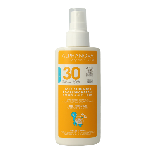 Alphanova Sun bio kids SPF30 vegan sun spray in 125ml bottle, featuring child-friendly packaging and sun protection ingredients.