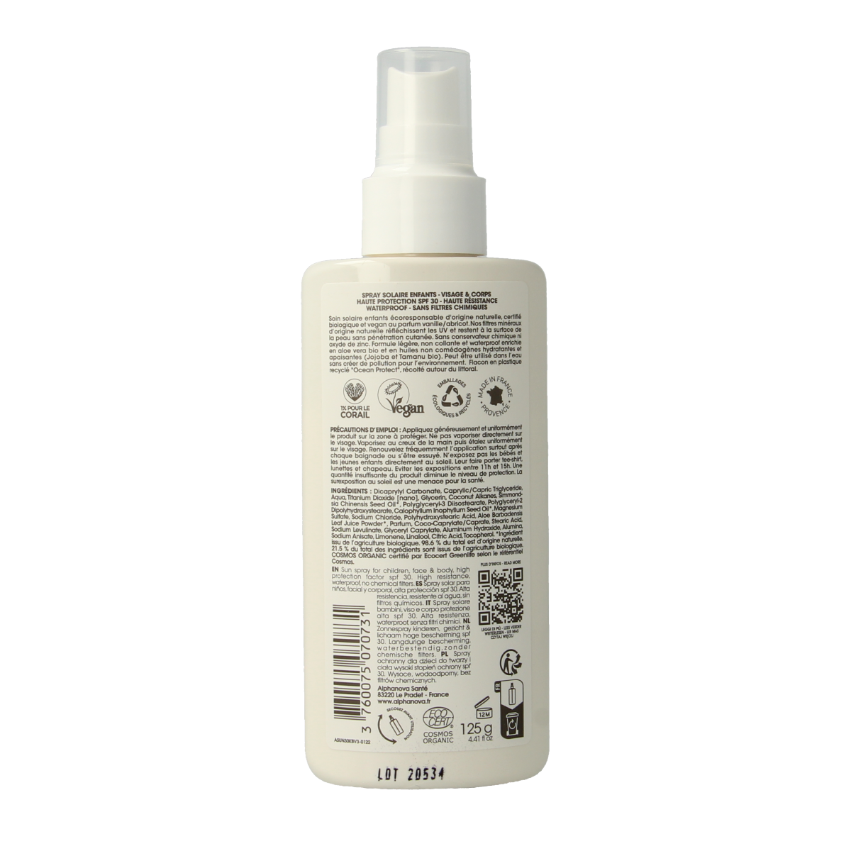 Alphanova Sun bio kids SPF30 vegan sun spray bottle, 125ml, with colorful label and spray nozzle for children’s sun protection.
