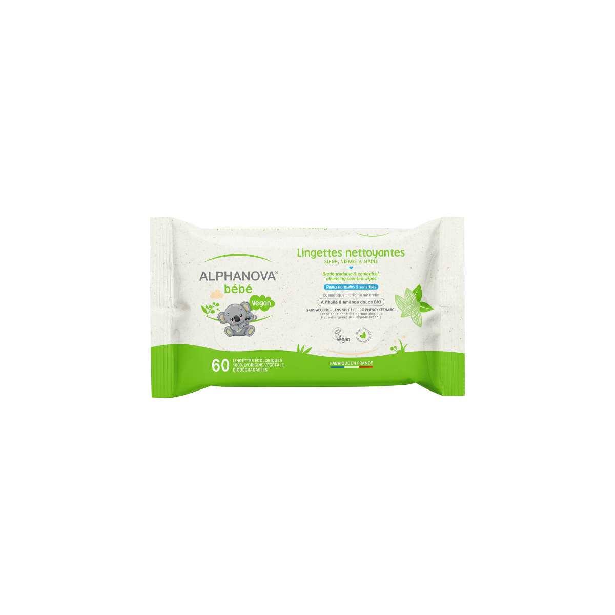 Alphanova Bebe organic baby cleansing wipes pack with 60 biodegradable wipes, soft and gentle for delicate baby skin.